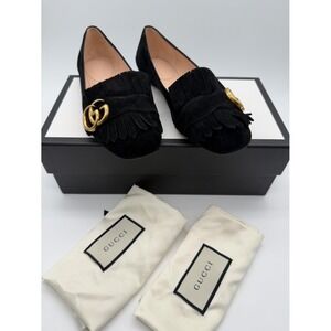 Gucci Black Leather Suede GG Marmont Fringe Ballet Flats Loafers Size 37
